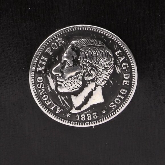 Vintage Spanish Amber Decanter 6 Glasses Coin Faux Leather Wrapped King Alfonso - Picture 3 of 8